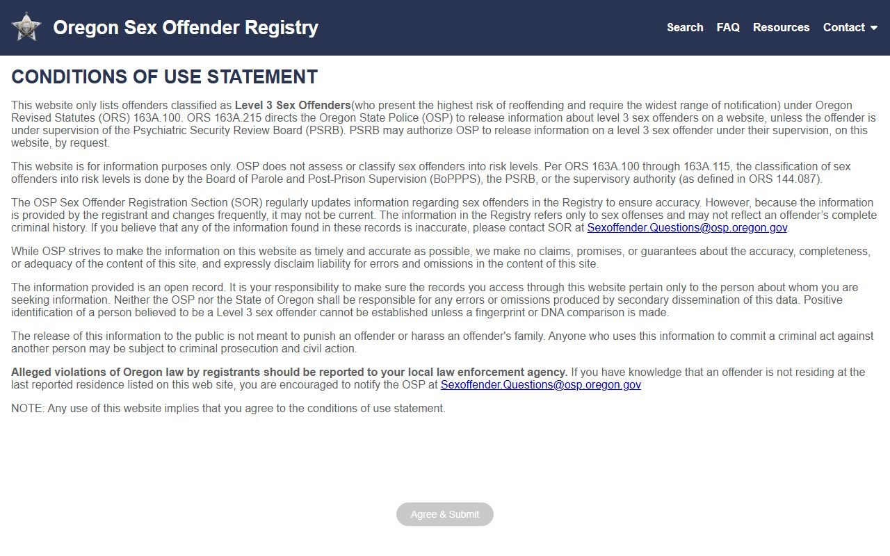 Union County arrest records Oregon sex offender registry fallback