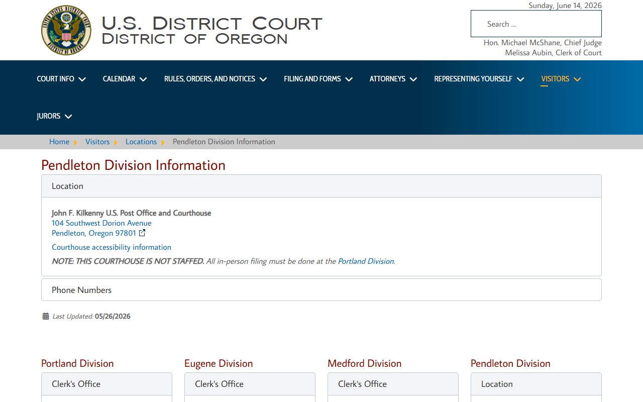 Union County court dockets District of Oregon Pendleton Division