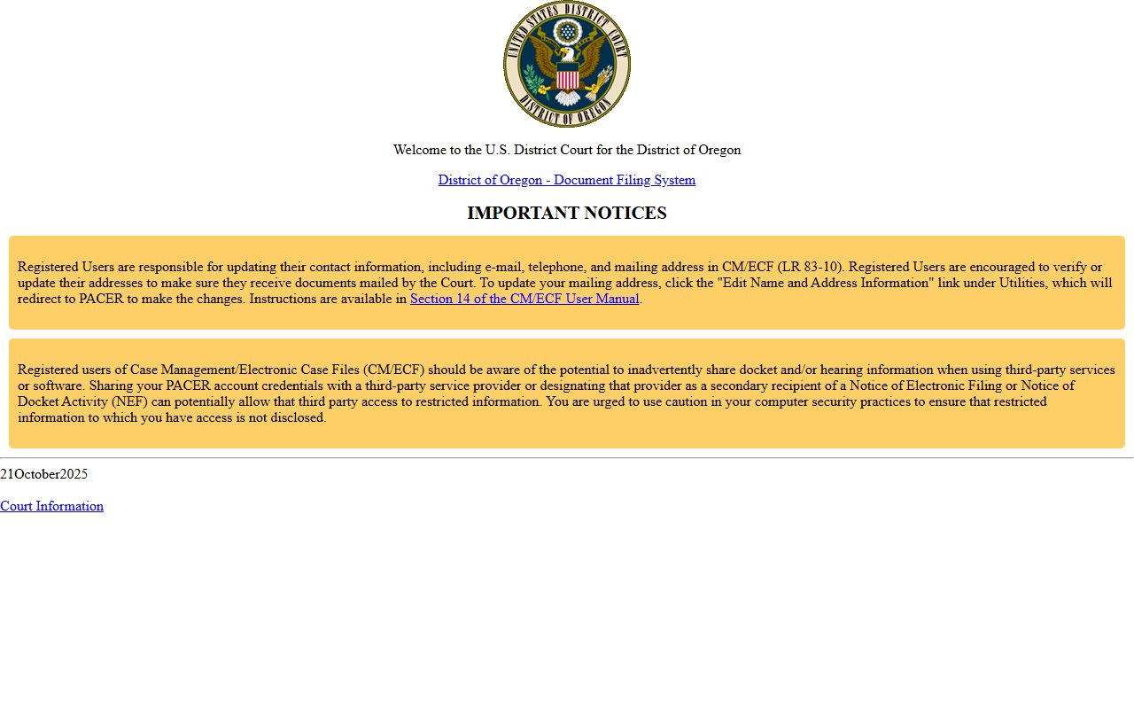 Union County court dockets District of Oregon CM ECF system