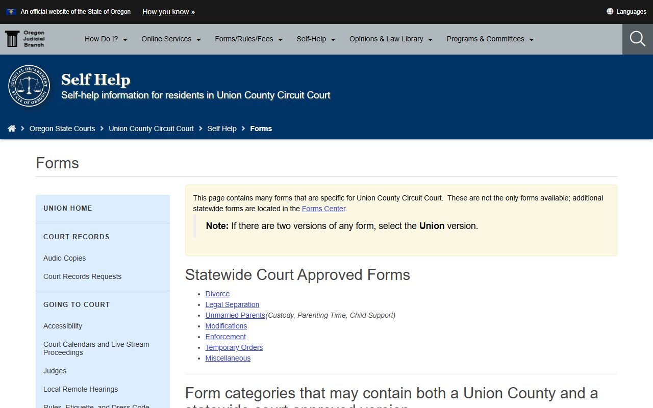Union County court records forms and case categories