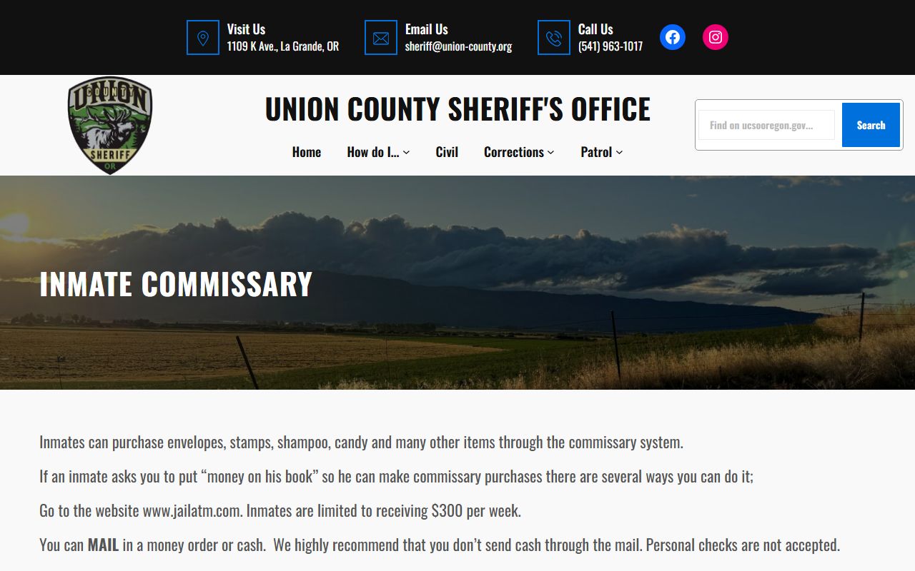 Union County inmate records commissary deposits