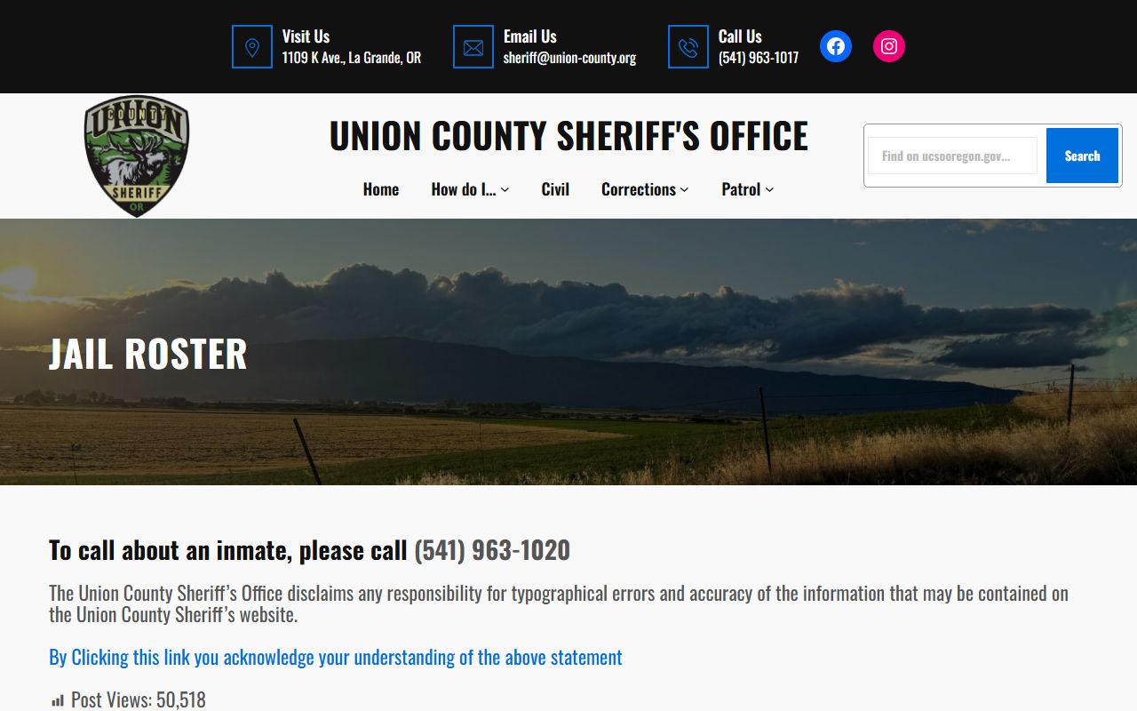Union County warrant records jail roster access page